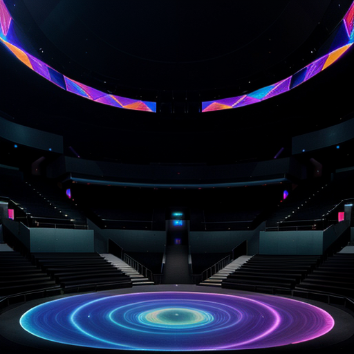 A vast, empty amphitheater filled with flickering holographic projections of ai interfaces.
